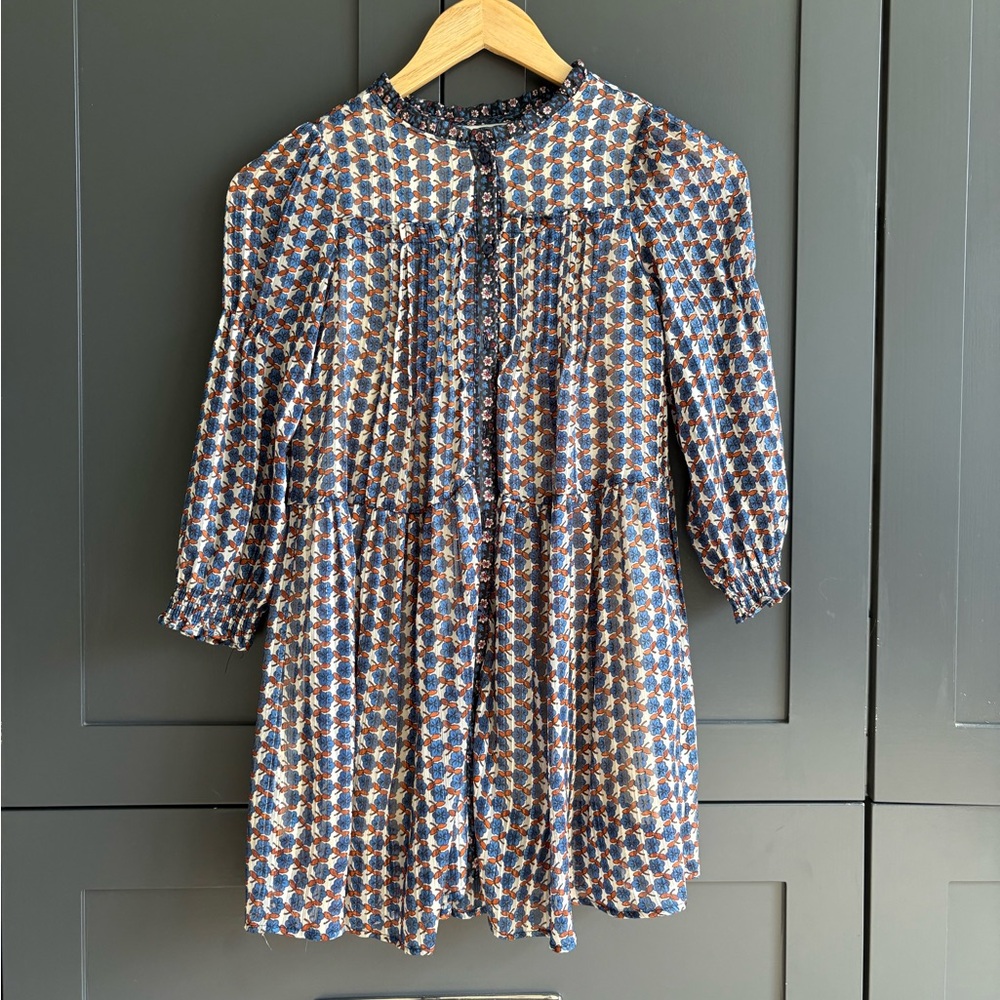 Zara Geometric Girls Long Sleeve Dress - Blue and White